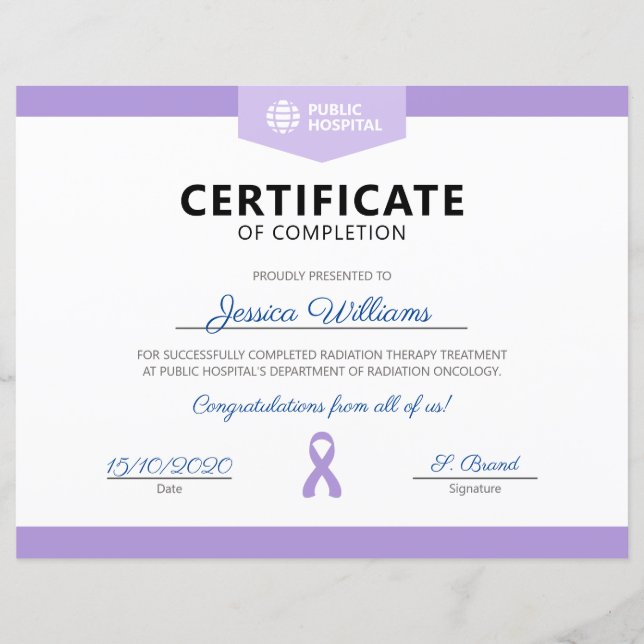 Papier Certificat d'achèvement de la radiothérapie du can (Devant)