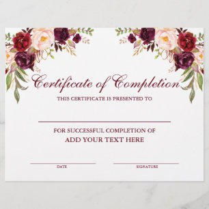 Papier Certificat d'achèvement Floral Bourgogne