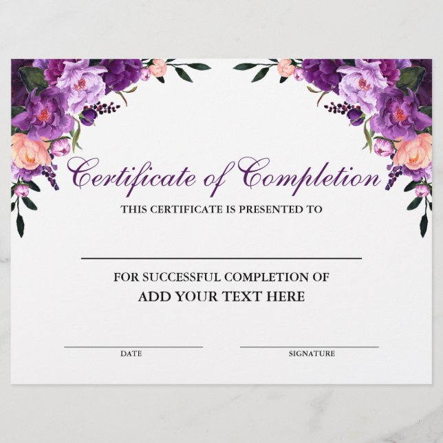 Papier Certificat d'achèvement Floral Purple (Devant)