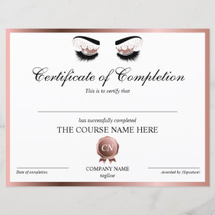 Papier Certificat d'achèvement Lashes Achèvement du cours