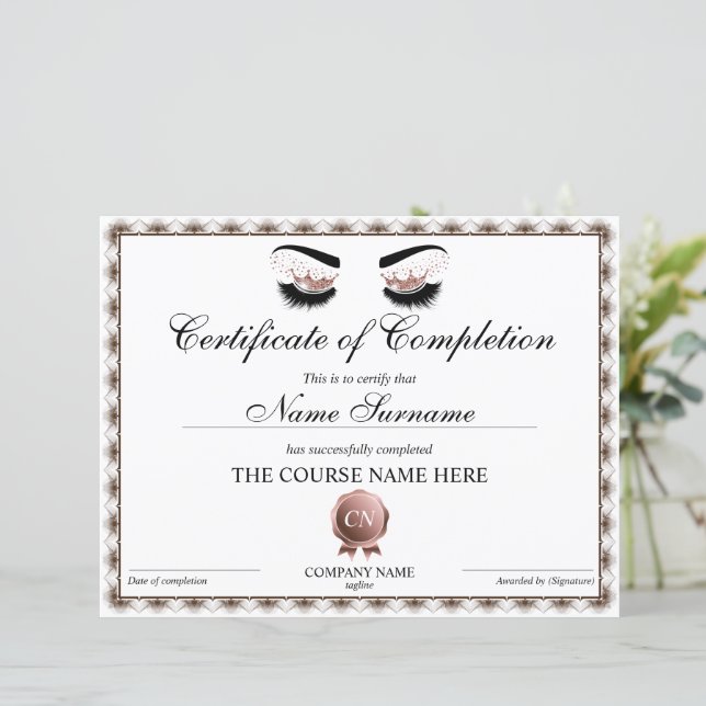 Papier Certificat d'achèvement Lashes Achèvement du cours (Debout devant)
