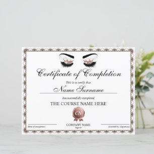 Papier Certificat d'achèvement Lashes Achèvement du cours