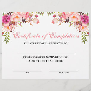 Papier Certificat d'achèvement Pink Floral - Votre texte