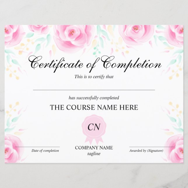 Papier Certificat d'achèvement Prix Cours Floral (Devant)
