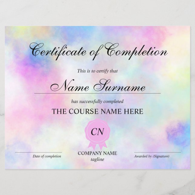Papier Certificat d'achèvement Prix Cours Unicorn (Devant)
