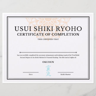 Papier Certificat d'achèvement Reiki (OKUDEN)