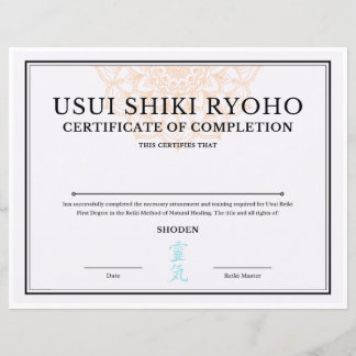 Papier Certificat d'achèvement Reiki (SHODEN)