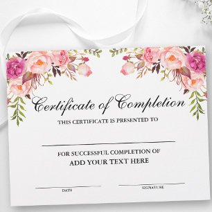 Papier Certificat d'achèvement rose floral - Votre texte