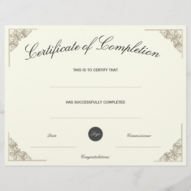 Papier Certificat d'achèvement vide avec logo personnalis (Devant)