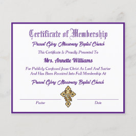 Papier Certificat d'adhésion à l'église