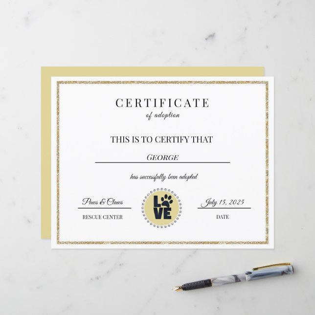 Papier Certificat d'adoption animale (Devant/Arrière en situation)