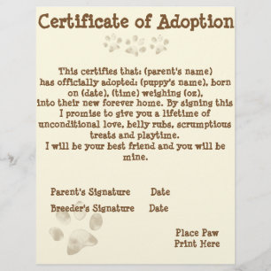 Papier Certificat d'adoption de chiot