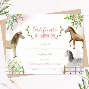 Papier Certificat d'adoption de poney, certificat d'adopt