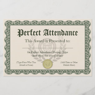 Papier Certificat d'allocation d'assiduité parfaite, pers