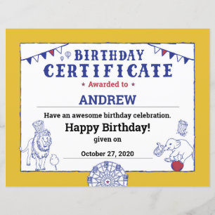 Papier Certificat d'anniversaire de Circus Baby Golden Ca