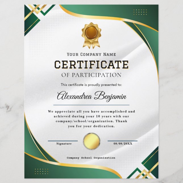 Papier Certificat d'appréciation (Devant)