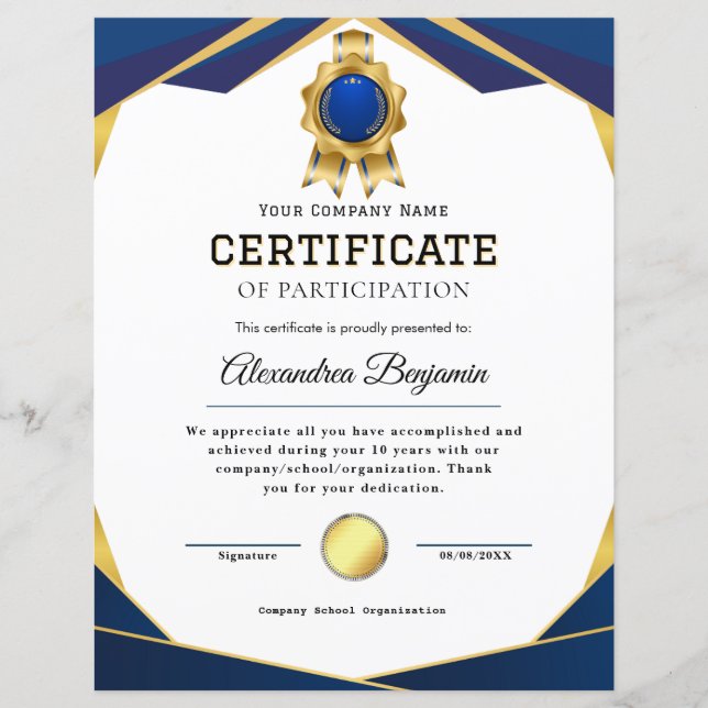 Papier Certificat d'appréciation (Devant)