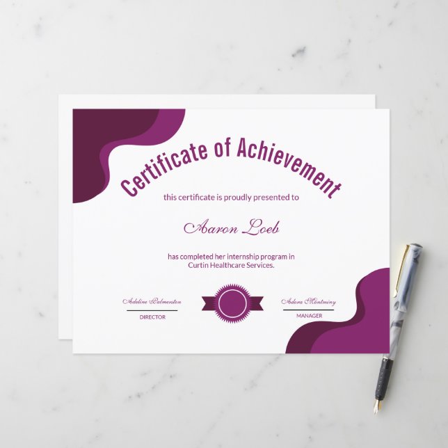 Papier Certificat d'appréciation (Devant/Arrière en situation)