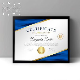 Papier Certificat d'appréciation bleu et or