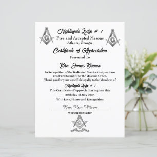 Papier Certificat d'appréciation de Freemason
