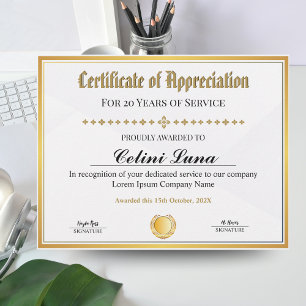 Papier Certificat d'appréciation - Gold Frame Work