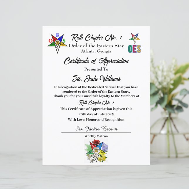 Papier Certificat d'appréciation Int.OES  (Debout devant)