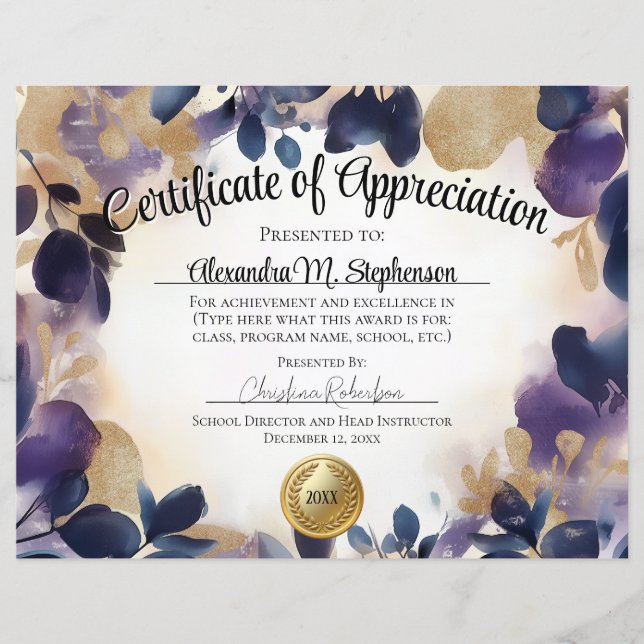 Papier Certificat d'appréciation Or Floral Aquarelle (Devant)