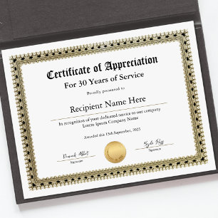 Papier Certificat d'appréciation pour années de service