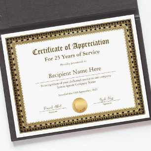 Papier Certificat d'appréciation pour années de service