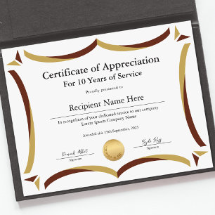 Papier Certificat d'appréciation pour années de service