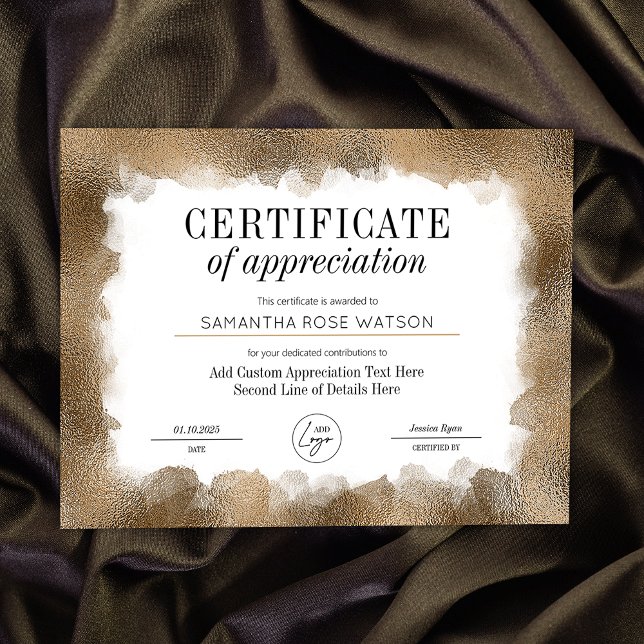 Papier Certificat d'appréciation Prix Parties scintillant (Elegant gold glitter effect Certificate of Appreciation professional business award)