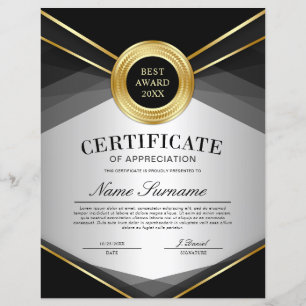 Papier Certificat d'appréciation vertical noir et or
