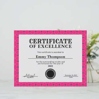 Papier Certificat d'attribution de la société Hot Pink Ma