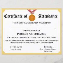 Certificat d'attribution d'une présence parfaite p