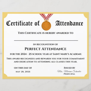 Papier Certificat d'attribution d'une présence parfaite p