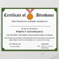 Certificat d'attribution d'une présence parfaite p