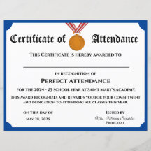 Certificat d'attribution d'une présence parfaite p