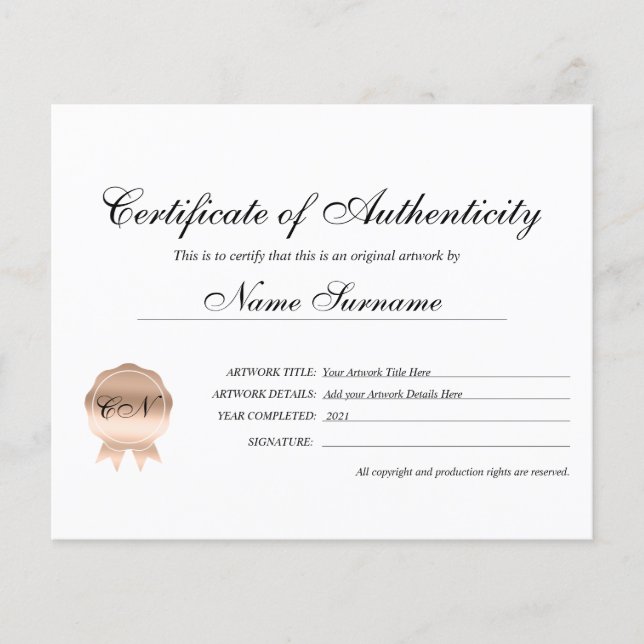 Papier Certificat d'authenticité (Devant)