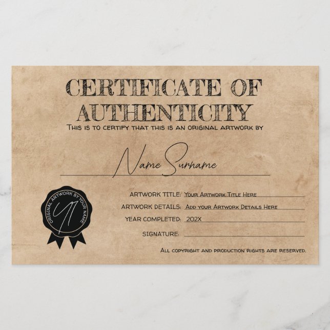 Papier Certificat d'authenticité simple fait main (Devant)
