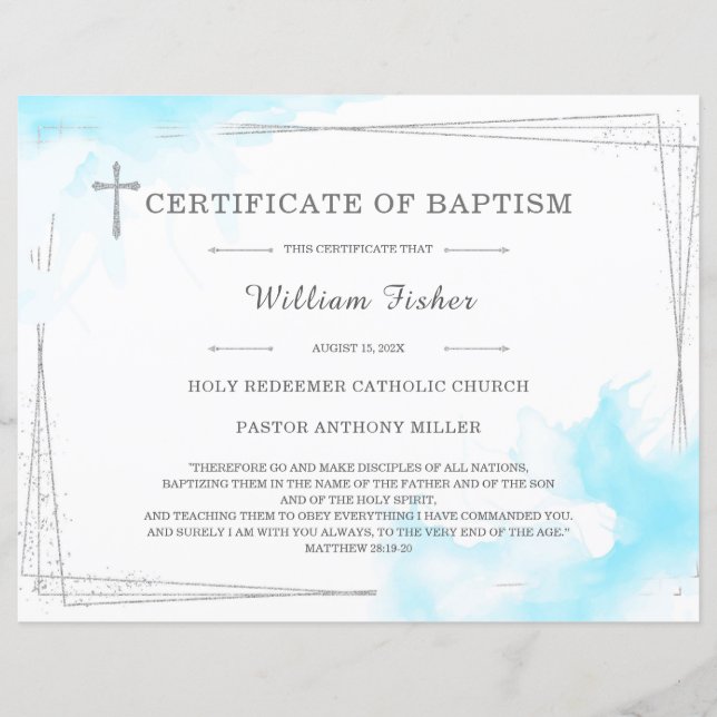 Papier Certificat de baptême bleu et argent (Devant)