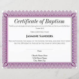 Papier Certificat de baptême de la frontière violette