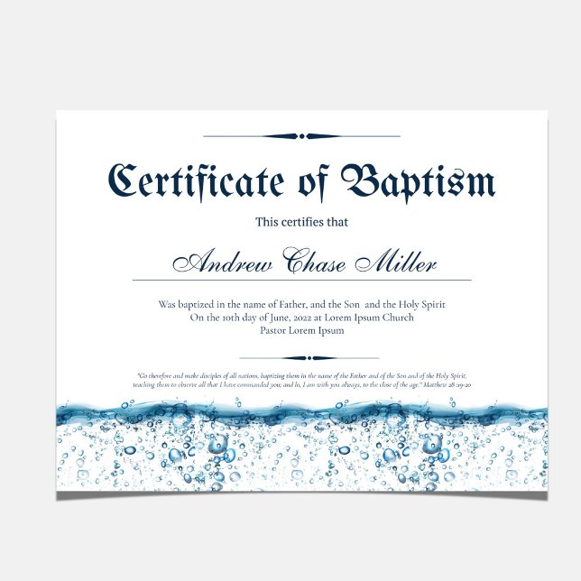 Papier Certificat de baptême d'eau bébé baptême (Certificate of Baptism, Water Baptism Christening certificate wall decor)