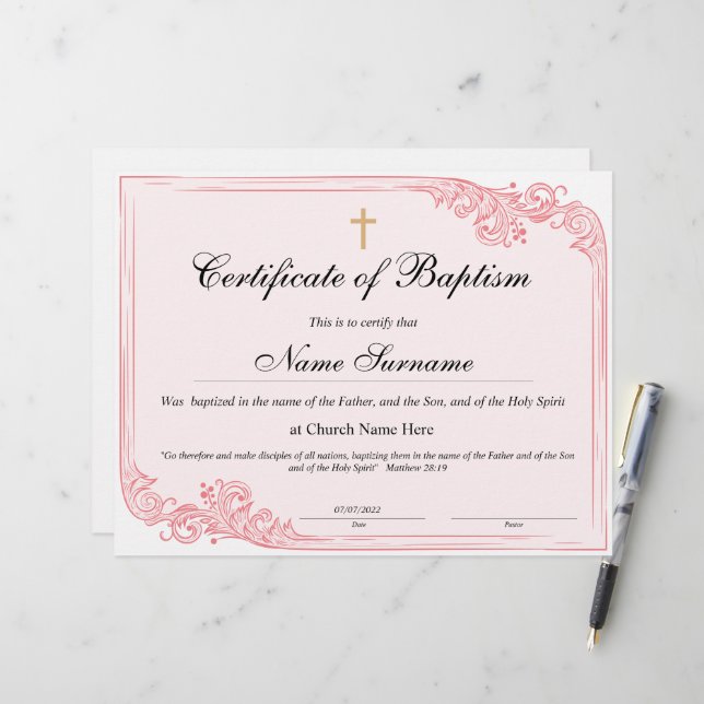 Papier Certificat de baptême, Dédication pour bébés (Devant/Arrière en situation)