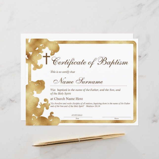 Papier Certificat de baptême, Dédication pour bébés (Devant/Arrière en situation)