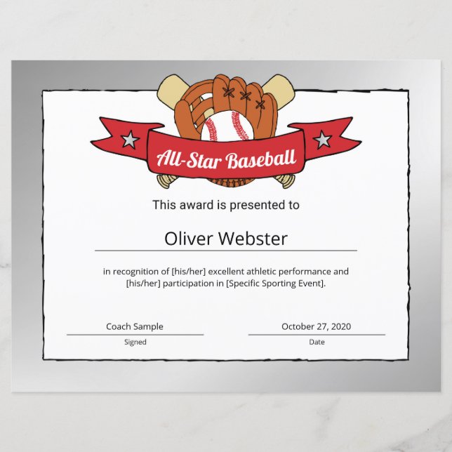 Papier Certificat de base-ball All-Star du joueur de base (Devant)
