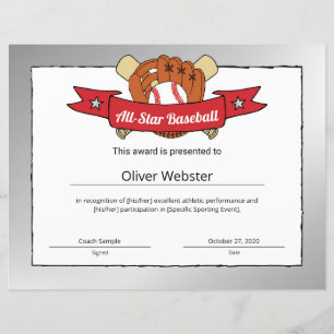 Papier Certificat de base-ball All-Star du joueur de base