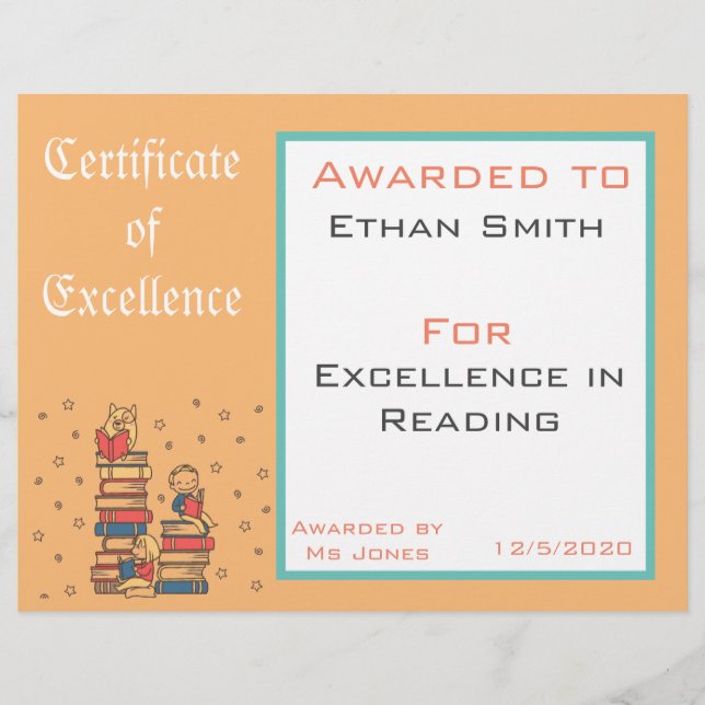 Papier Certificat de bourse de lecture Fournitures d'ense (Devant)