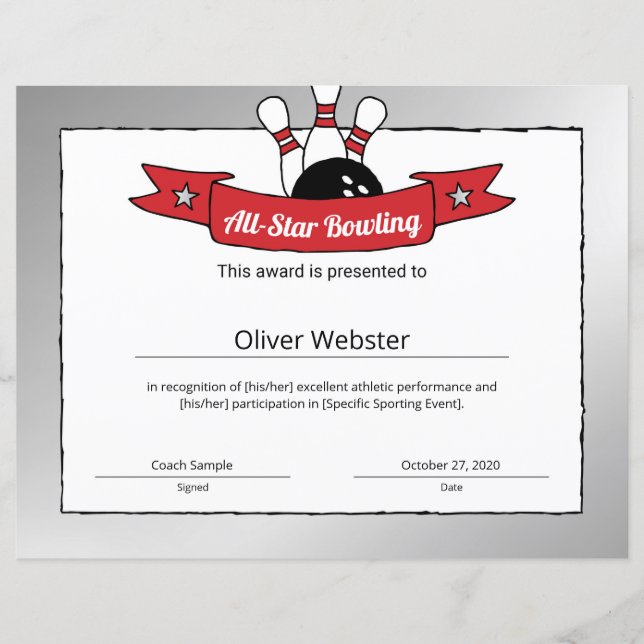 Papier Certificat de bowling All-Star Bowling Player Awar (Devant)