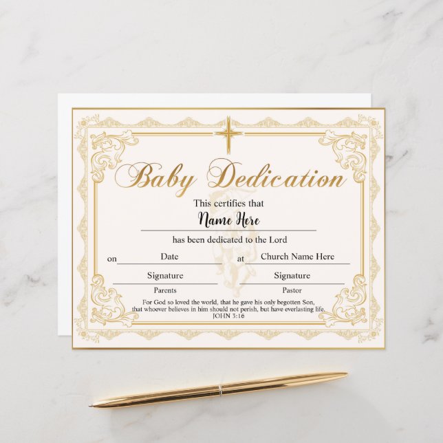 Papier Certificat de dédicace pour bébé Gold (Devant/Arrière en situation)