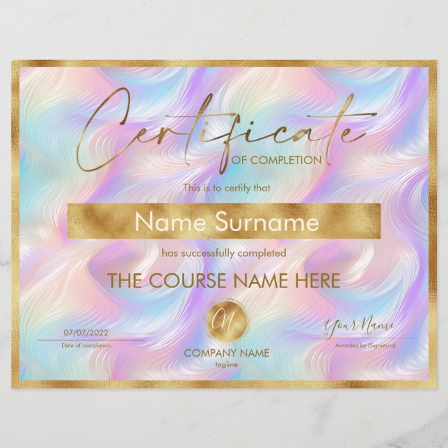 Papier Certificat de fin de cours (Devant)